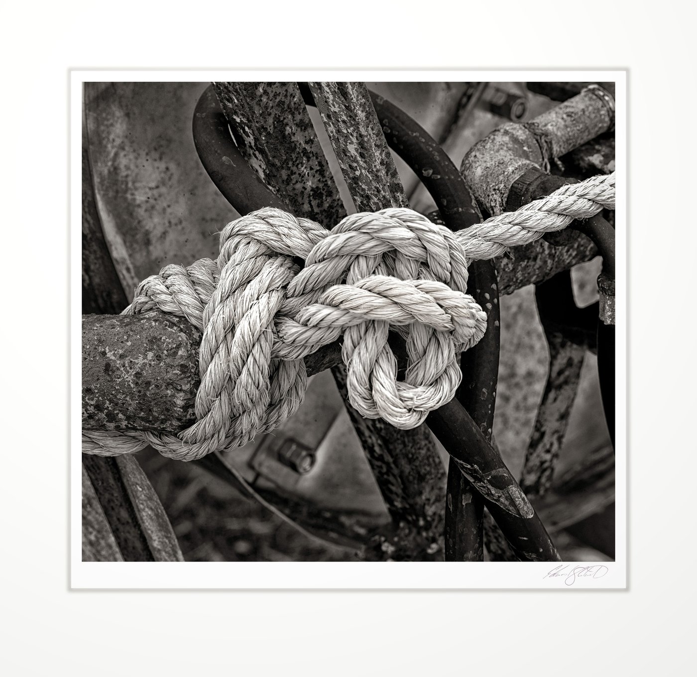 A rope tied to rusted machinery. Bay Port, Michigan -March 2013