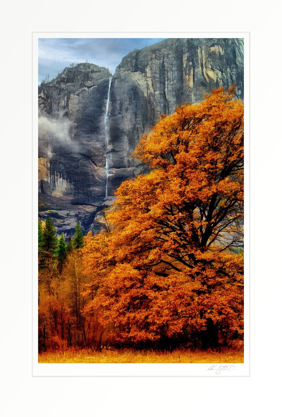A painterly image of Yosemite Falls cascading down a granite cliff, framed by a golden autumn tree. Yosemite National Park -December 2003