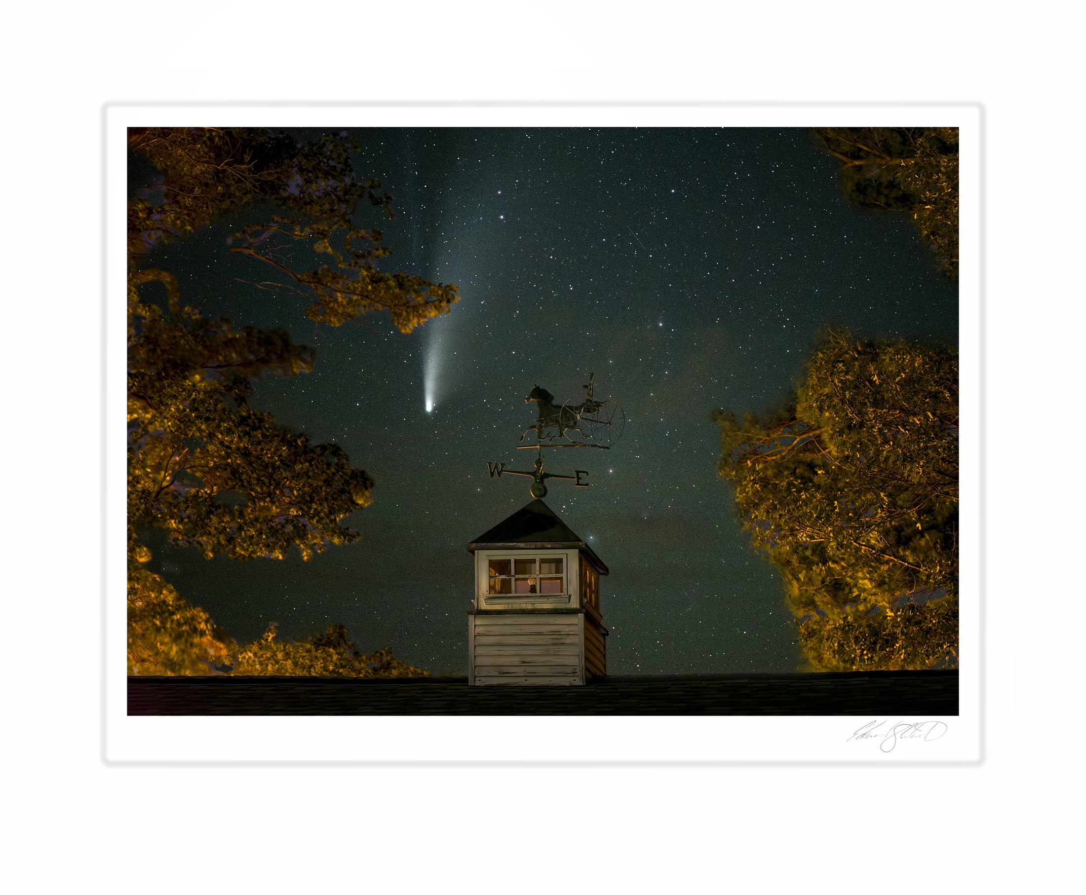 Comet Neowise streaking across a starry sky above a weathervane cupola. A two exposure composite near Caseville, Michigan - September 24, 2020