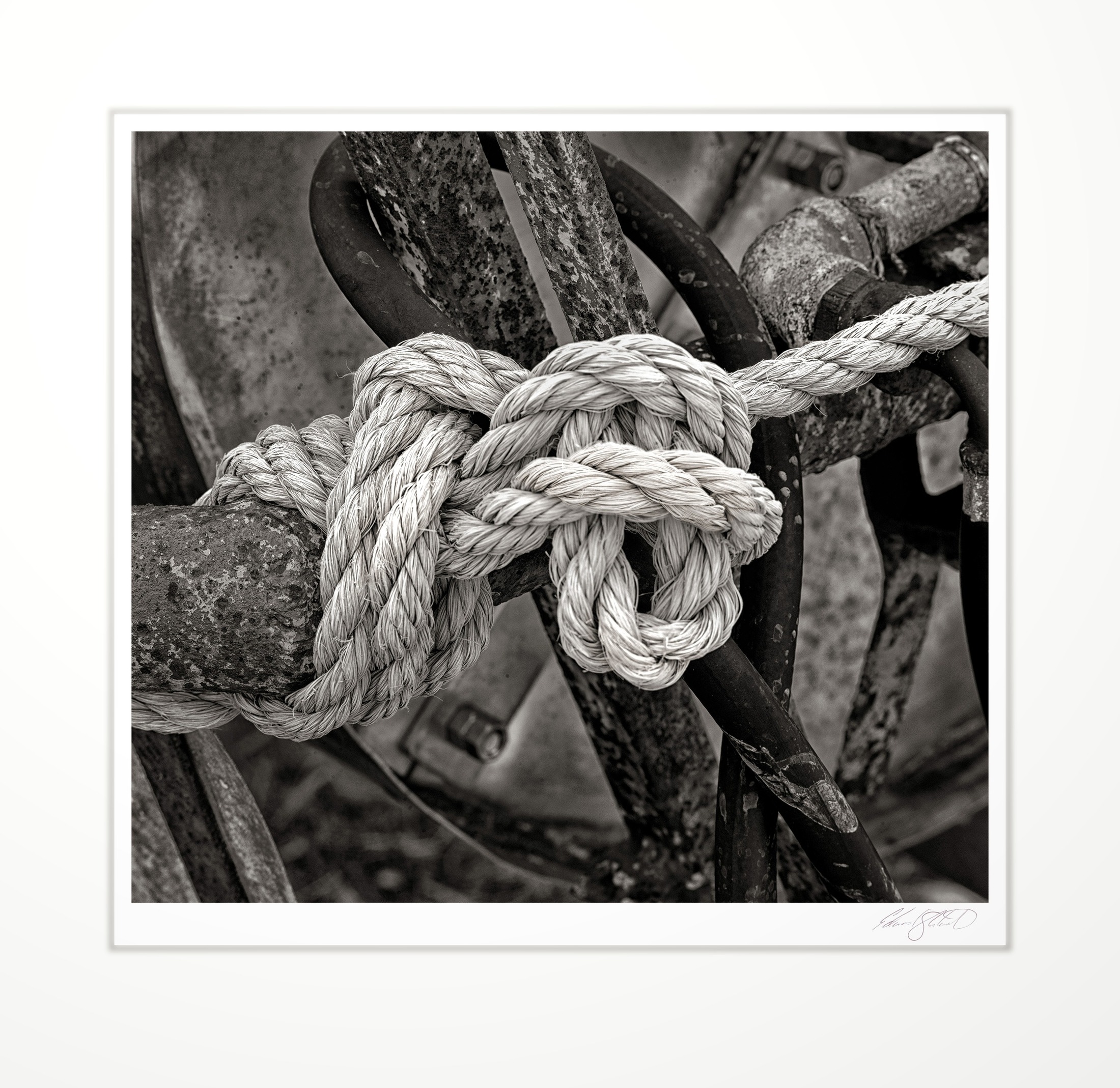 A rope tied to rusted machinery. Bay Port, Michigan -March 2013
